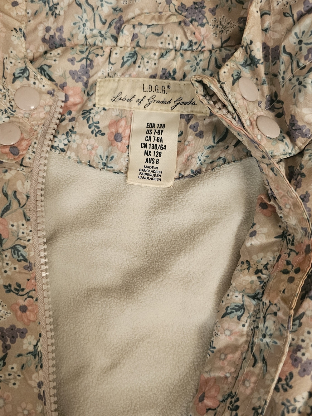 Girls' Floral Fleece-Lined Jacket - Cream/Pink